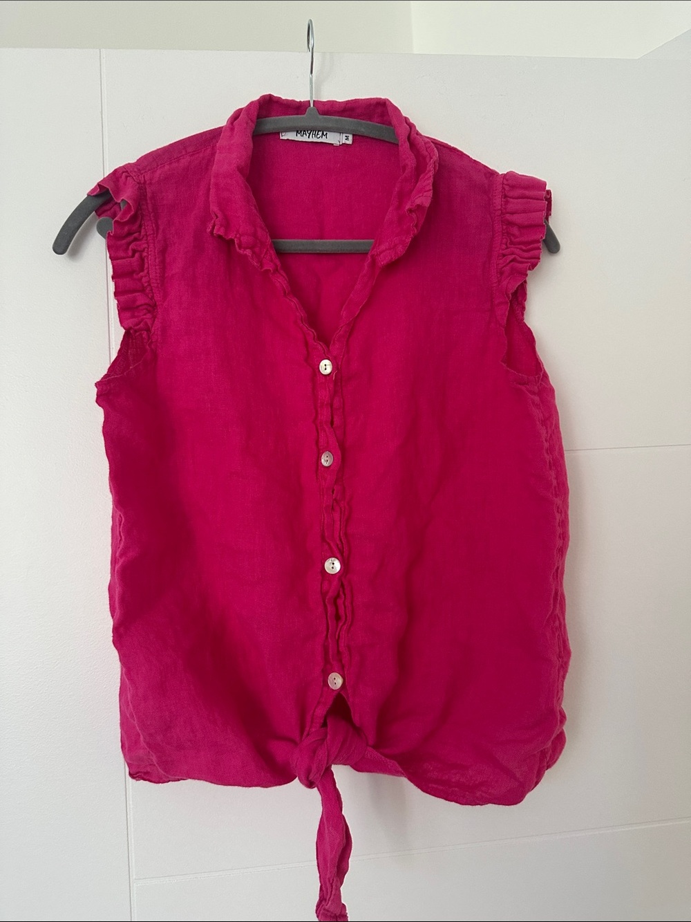 Bright Pink Sleeveless Button-Front Tie Hem Top